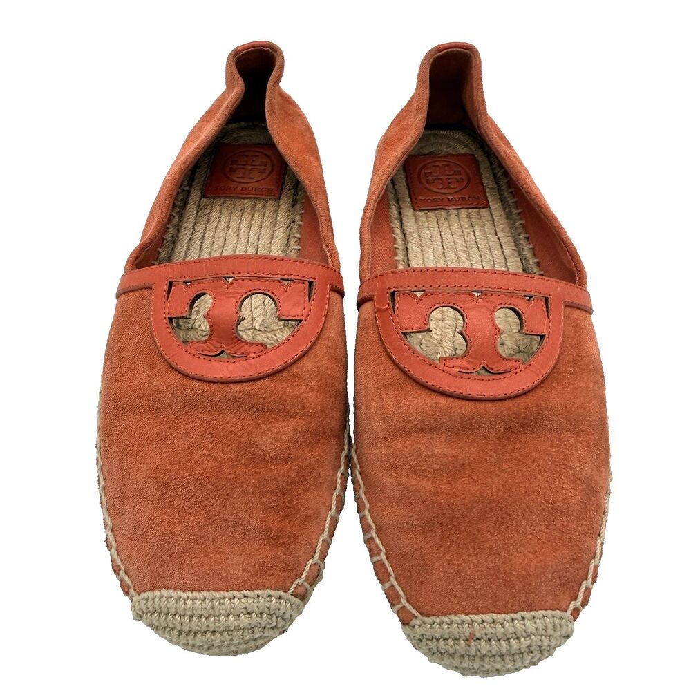 Tory Burch Women's Suede Espadrille Flats 8.5 Orange/Coral Jute Slip-On Shoes